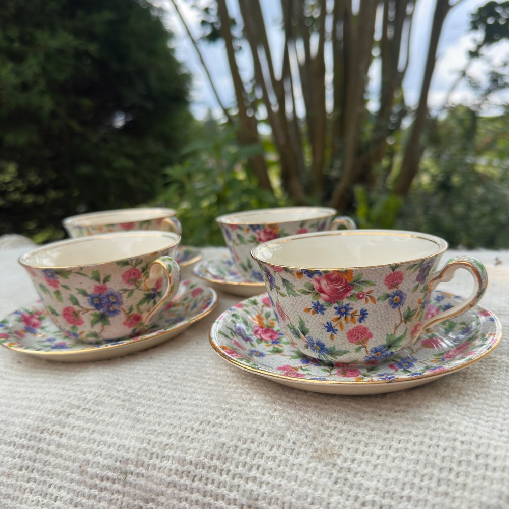 Royal Winton Old Cottage Chintz Tea Cup & Saucer Set 4 Vintage Grandmillennial